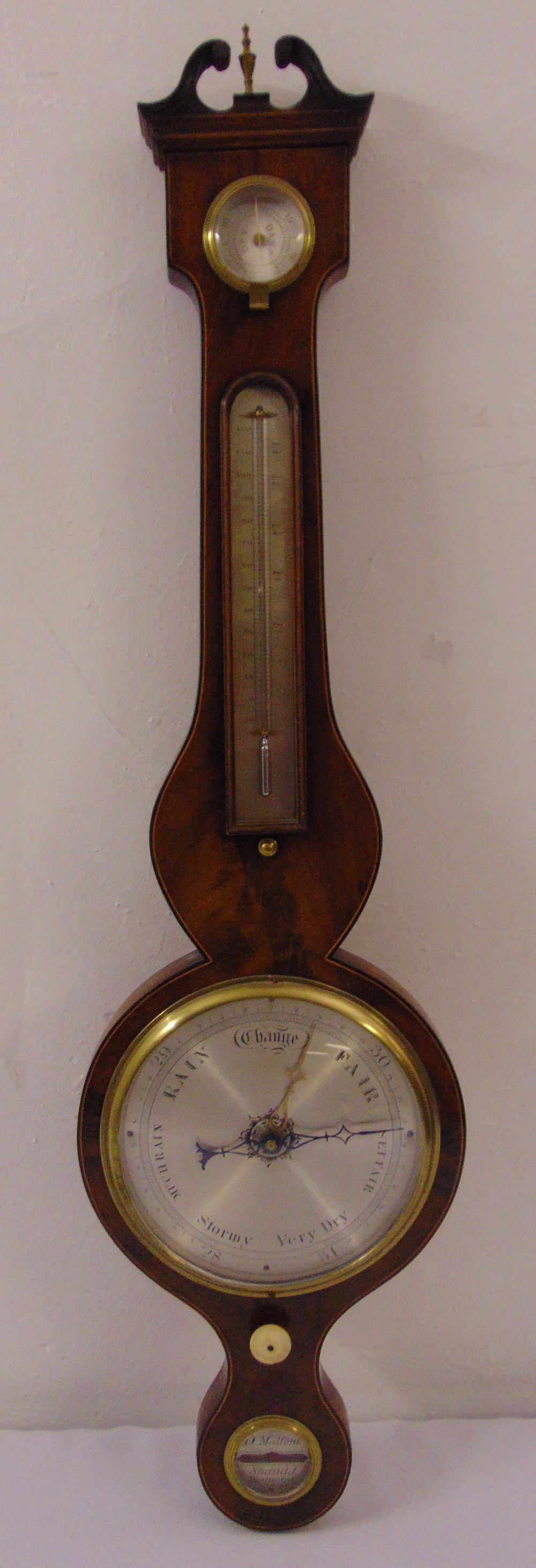 Negretti and Zambra mercury banjo barometer and thermometer with satinwood inlay and label to verso