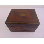 An Edwardian rectangular wooden and brass mounted sewing chest with hinged cover, to include