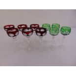 A quantity of coloured hock and claret glasses (10)