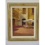 Andrew King framed oil on panel titled Shadows Across The Square San Gimignano, signed bottom right,
