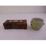 A Chinese ceramic vase and an oriental hardwood box set with jade plaques