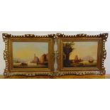 A pair of 19th century framed oils on canvas of ships in a harbour, 29 x 39cm