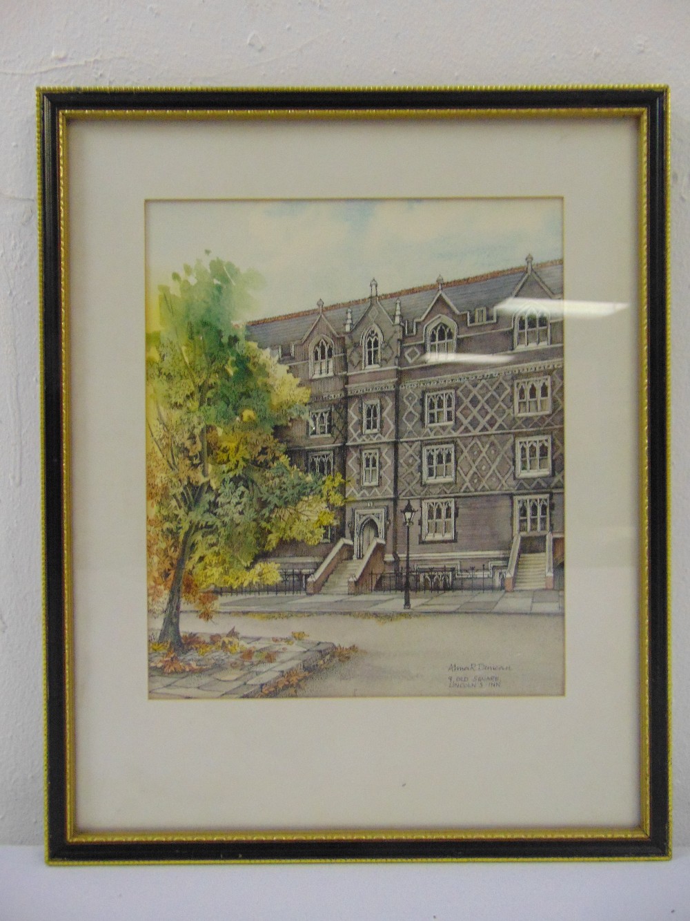 Alma R. Duncan framed and glazed watercolour of 9 Old Square Lincolns Inn, signed bottom right, 22 x