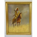 J. Greenwell framed oil on panel of a North American Indian warrior on horseback, signed bottom