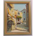 A framed oil on canvas of a continental street scene, indistinctly signed bottom right, 34 x 26cm
