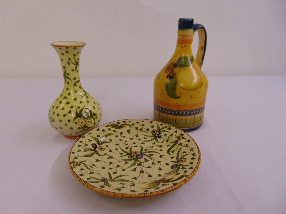 Cantagalli art pottery dish and matching vase and a continental wine ewer, signed Martin