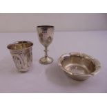 Two silver Kiddush cups and a silver dish