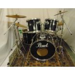 Pearl Export Series black finish drum kit to include two tom-toms, a floor tom-tom, a snare drum,