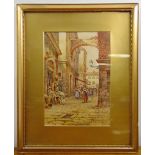 E. Romano framed and glazed watercolour of a continental street scene, signed bottom right, 34 x