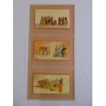 A set of three rectangular oil on canvas figural scenes signed PP and dated 1974, 17.5 x 34cm