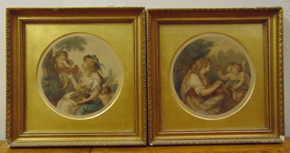 F Bartolozzi a pair of framed and glazed polychromatic etchings of classical figures 17.5cm diameter