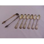 Six Victorian Queens pattern silver teaspoons London 1850 and a matching pair of sugar tongs