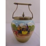 Royal Doulton biscuit barrel decorated to the sides with a coaching scene, with silver plated