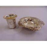 A white metal Kiddush cup and a white metal coaster stamped sterling