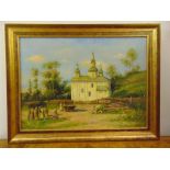 A framed oil on panel from the Russian School of a church with figures in the foreground, signed and