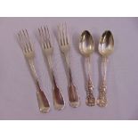 Three Mary Chawner silver forks and two silver Victorian dessert spoons