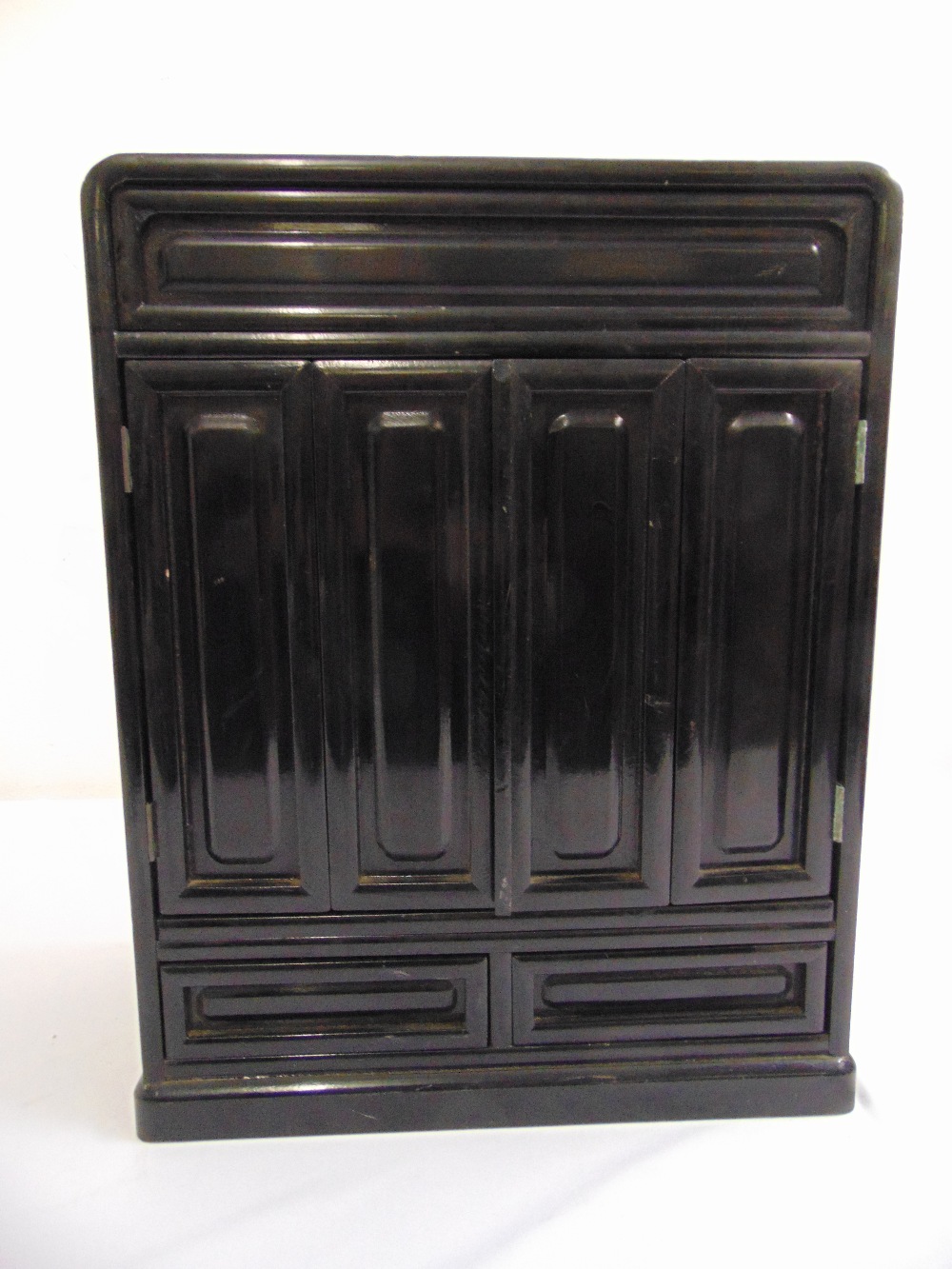 An oriental rectangular ebonised wooden cabinet, the hinged doors revealing fitted interior - Image 2 of 2