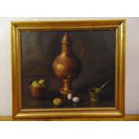 F Briones Carmona (1905-1988) framed oil on canvas still life of a flagon, potatoes and eggs, signed