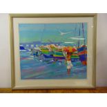 A framed and glazed acrylic of fishing boats on a beach, 80 x 96cm