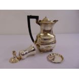 A silver coffee pot, marks rubbed, a Kiddush cup and a coaster, A/F
