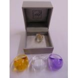 Three Lalique coloured glass rings and a pendant with 18ct gold fittings