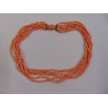 A six strand coral bead necklace with 14ct yellow gold clasp