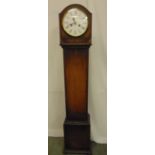 Oak cased Grandmother clock white enamel dial, Roman numerals, two train movement to include key and