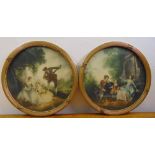 A pair of circular framed and glazed French polychromatic prints, titled L?Innocence and La Lecon de
