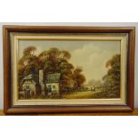 John Hodey framed and glazed oil on canvas of figures on a road by a house, signed bottom right,