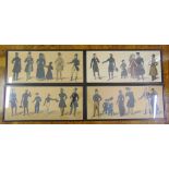 Four framed and glazed polychromatic etchings of Victorian figures, 25 x 59cm
