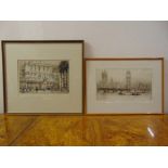 Two framed and glazed monochromatic etchings of London scenes, signed bottom right, 17.5 x 26.5cm