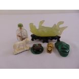 A quantity of collectables to include a carved jadeite horse, a Chinese reverse painted glass