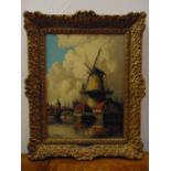 Louis van Staaten (Hermanus II Koekoek) framed oil on panel of a Dutch windmill with a barge by a