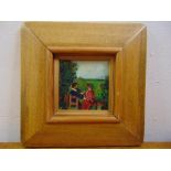 Bella Shaky framed oil on canvas of two seated figures, signed bottom right, 10 x 10cm ARR applies