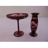 Continental ruby etched glass bonbon dish on raised circular base and a matching vase