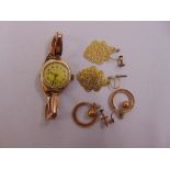 9ct yellow gold ladies wristwatch and two pairs of earrings, approx total weight 26.4g