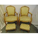 A pair of French style upholstered armchairs and a pair of matching foot stools