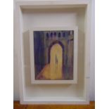 Elder framed and glazed figures in an archway, signed bottom left, 25 x 20cm