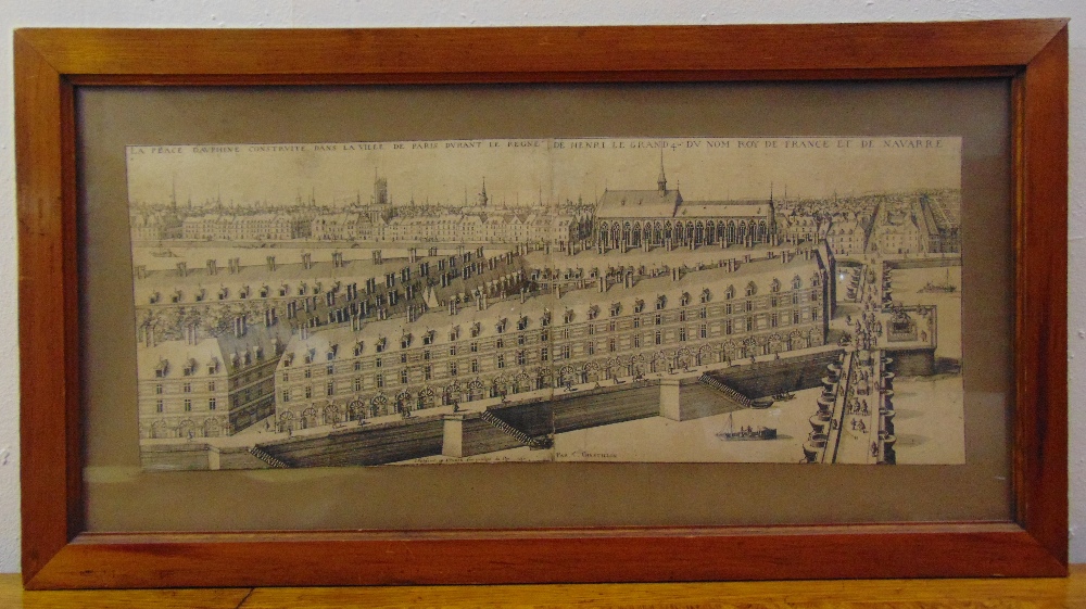 An antique framed and glazed monochromatic etching of Place Dauphine Paris, 24 x 61.5cm