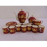 Wedgwood coffee service red with gold leaf and floral design to include coffee pot, covered sugar