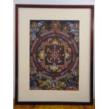 A framed and glazed Tibetan mandala, polychromatic watercolour of various deities, original label to