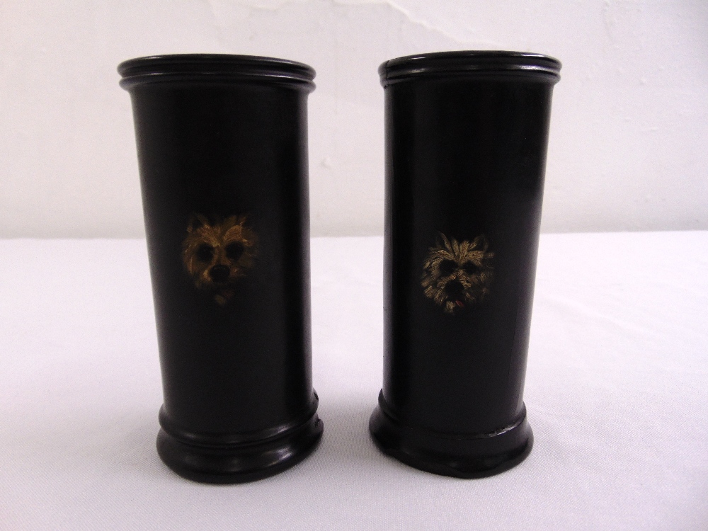 A pair of Jennens and Bettridge papier maché vases with hand painted vignette of Yorkshire terriers