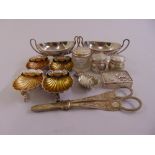 A quantity of silver to include four silver gilt Victorian shell salts, a silver snuff box, a pair