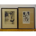 Two framed and glazed monochromatic etchings indistinctly signed bottom left, 20 x 15cm and 17 x 9.