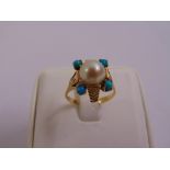 Gold, pearl and turquoise ring, gold tested 18ct, approx total weight 4.4g