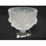 Lalique circular frosted glass bowl decorated with birds and flowers on raised square base