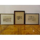 Max Lieberman three framed and glazed monochromatic drawings, 17 x 23cm and 10 x 16cm