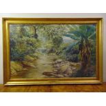 Royan (Jamaican) framed oil on canvas of a stream in a rain forest signed bottom right, 77 x 124cm