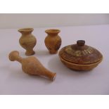 Three ancient Greek terracotta pottery vases and a covered circular dish