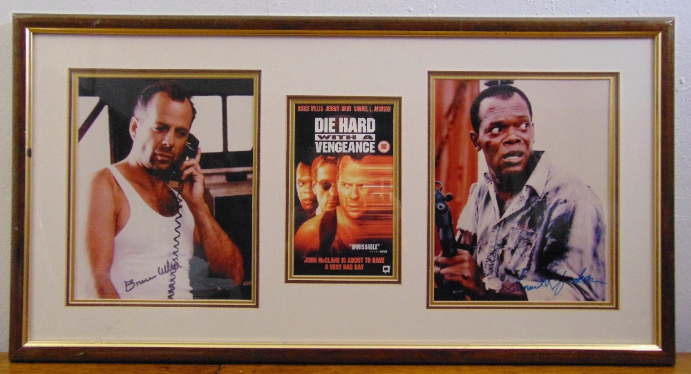 A framed and glazed collage for Die Hard with a Vengance signed by Bruce Willis and Samuel L.